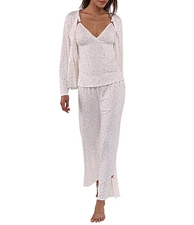 Polka Dot Print Knit Bridget V-Neck Long Sleeve 3-Piece Pant Pajama Set by Flora Nikrooz