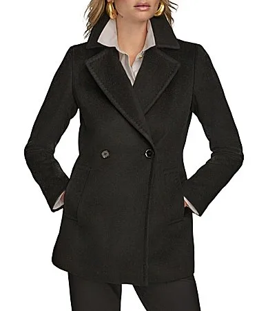 Cashmere Blend Notch Lapel Double Breasted Peacoat by Donna Karan