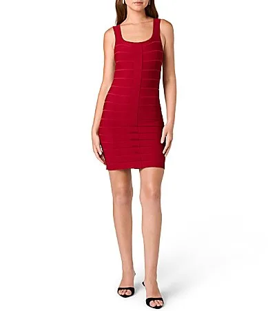 Bandage Knit Square Neck Sleeveless Bodycon Mini Dress