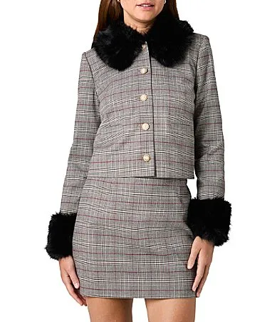 Leonie Tartan Plaid Faux Fur Collared Long Sleeve Button Front Coordinating Jacket by French Connection