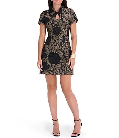 Keyhole Neck Cap Sleeve Novelty Metallic Knit Sheath Mini Dress by Kensie