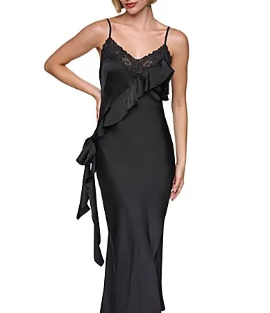 Double Faced Satin Lace V-Neck Slip on Side Bow Midi Dress by Sonia Rykiel