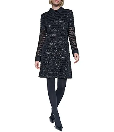 Sequin Stripe Point Collar Long Sleeve Above Knee Shirt Dress by Sonia Rykiel