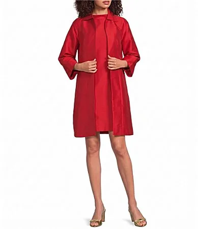 Charlotte Dupioni Spread Collar Bracelet Sleeve Open-Front Topper Jacket by Frances Valentine