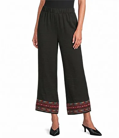 Wide Leg Embroidered Border Hem Pull-On Cropped Pants