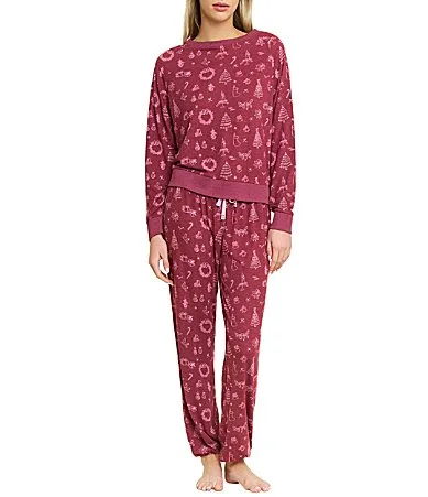 Star Seeker Lounge Knit Winterberry Sketch Print Top & Joggers Pajama Set by Honeydew