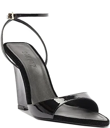Elodie Wedge Patent Leather Ankle Strap Dress Sandals
