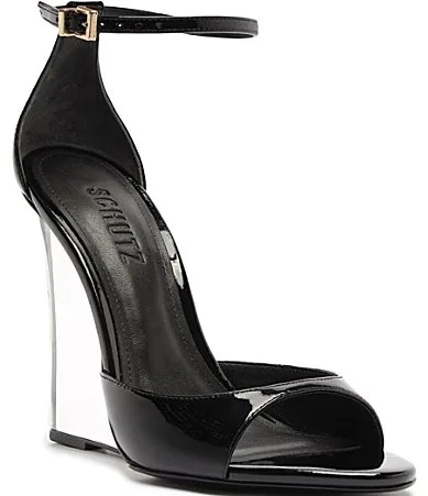 Stella Patent Leather Ankle Strap Clear Acrylic Wedge Dress Sandals