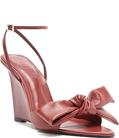Elodie Wedge Bow Leather Ankle Strap Dress Sandals
