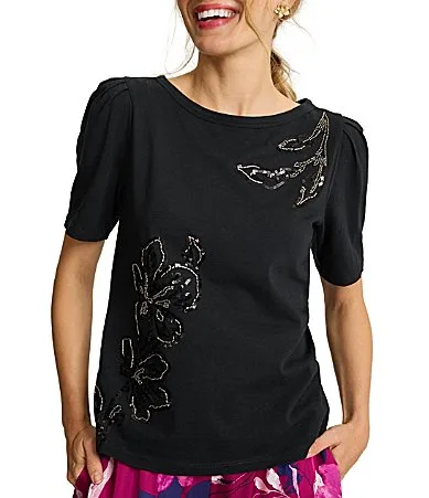 Kauai Botanical Breeze Jersey Knit Boat Neck Short Sleeve Tonal Beaded Embellished Tee Shirt by Tommy Bahama