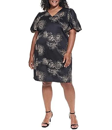 V Neck Puff Sleeve Floral Embroidered Dress by Eliza J