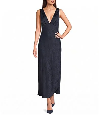 Floral Printed Jacquard V-Neck Drape Back Midi Dress by Allison & Kelly