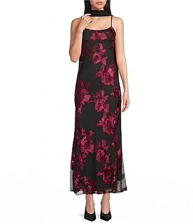 Power Mesh Floral Design Scoop Neck Scarf Dress by Allison & Kelly