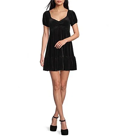 Short Sleeve Smocked-Back Velvet Dress