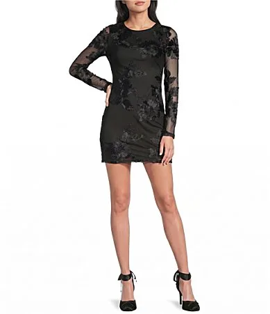 Soutache-Embroidered Power Mesh Long Sleeve Dress
