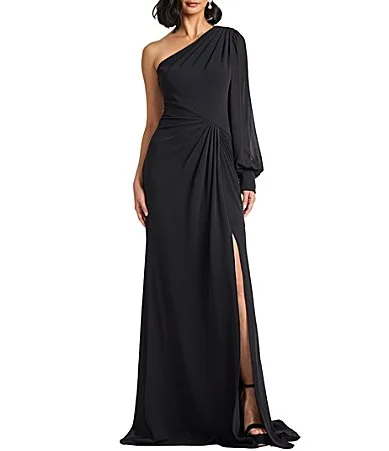 One Sleeve Pleated Crepe Gown