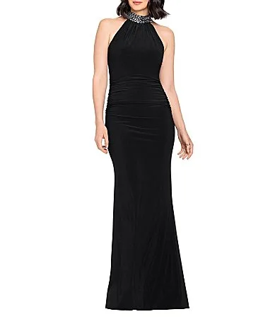 Beaded Halter Neck Sleeveless Ruch Waist Long Sheath Dress by Betsy & Adam