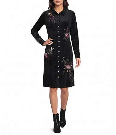 Acacia Velour Placement Floral Embroidery Collared Long Sleeve Button-Front Midi Shirt Dress by Johnny Was