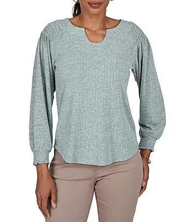Ribbed Knit Horseshoe Neck 34 Sleeve Combo Top by Ruby Rd