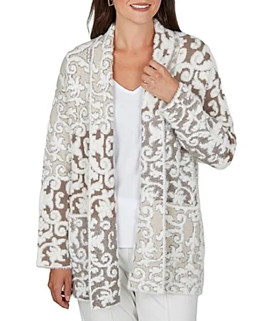 Mixed Yarn Ornate Motif Jacquard Shawl Collar Long Sleeve Open Front Cardigan by Ruby Rd