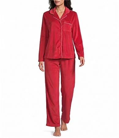 Long Sleeve Notch Collar Fleece Long Pajama Set by Cabernet