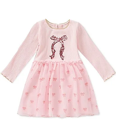 Long-Sleeve Christmas-Bow-Motif Bow-Printed Tutu-Skirted Dress by Mud Pie