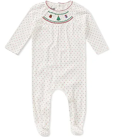 Long Sleeve Printed Christmas Smocked Footed Coverall by Mud Pie