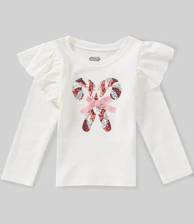 Long-Sleeve Sequin-Embellished Candy Cane Appliqued T-Shirt by Mud Pie