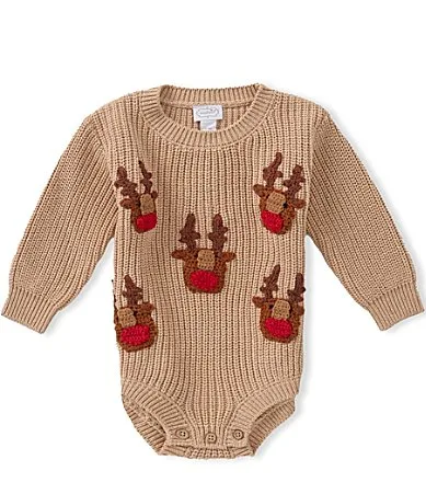 Long Sleeve Crochet Reindeer Face Bodysuit by Mud Pie