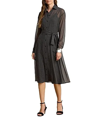 Lauren Ralph Lauren Semi-Sheer Chiffon Glen Plaid Point Collar Long Sleeve A-Line Dress