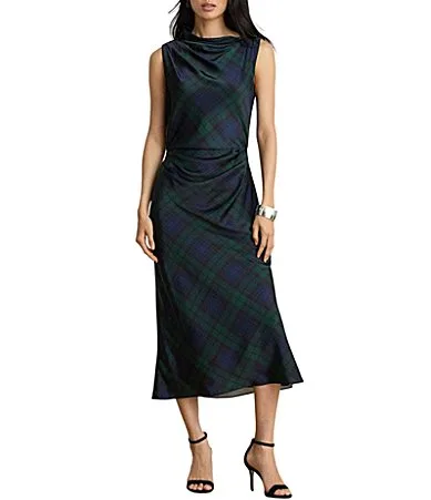 Lauren Ralph Lauren Woven Satin Charmeuse Plaid Asymmetric Neck Sleeveless Sheath Dress by Ralph Lauren
