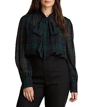 Lauren Ralph Lauren Woven Crinkle Georgette Plaid Tie Neck Long Sleeve Top by Ralph Lauren