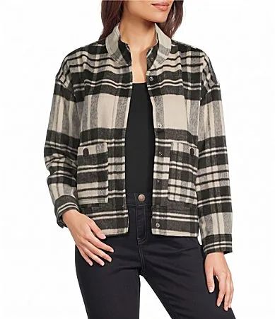 Yarn Dyed Plaid Stand Collar Long Sleeve Hidden Snap Front Jacket by Intro