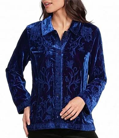 Velvet Embroidered Convertible Collar Long Sleeve Button Front Shirt