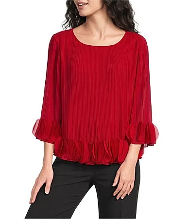 Woven Pleated Round Neck 34 Sleeve Ruffle Details Top