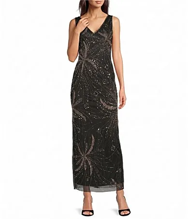 Firework Pattern Sleeveless V Neck Beaded Gown by Pisarro Nights