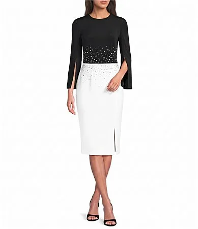 Split Cape Sleeve Embellished Colorblock Sheath Dress by Calvin Klein