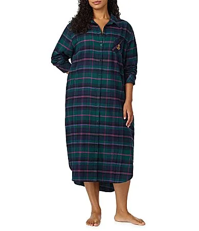 Lauren Ralph Lauren Flannel Green Plaid Print Long Sleeve Notch Collar Woven Sleepshirt by Ralph Lauren