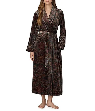 Lauren Ralph Lauren Printed Velvet Long Sleeve Shawl Collar Long Robe