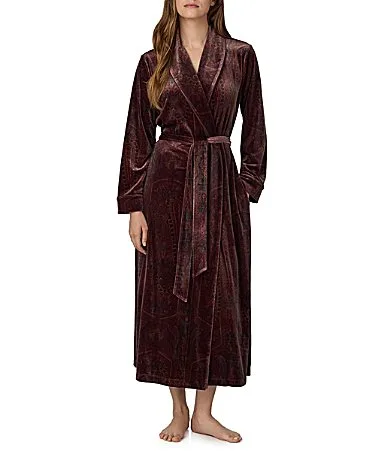 Lauren Ralph Lauren Red Print Printed Velvet Long Sleeve Shawl Collar Long Robe