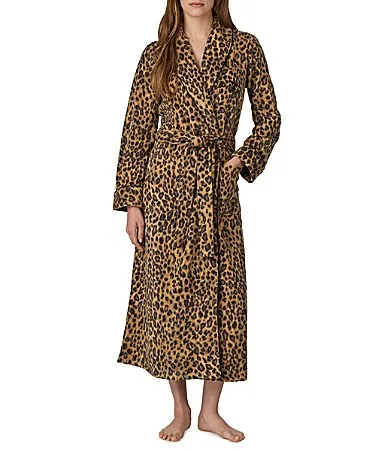 Lauren Ralph Lauren Dalton Leopard Print Long Sleeve Shawl Collar Micro Fleece Long Robe