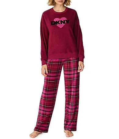 DKNY Berry Plaid Print Long Sleeve Round Neck Stretch Fleece Pant Pajama Set by Donna Karan