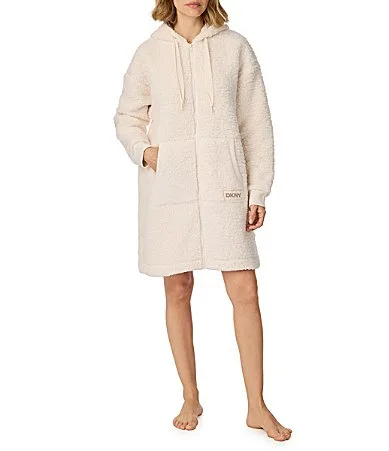 DKNY Solid Long Sleeve Hooded Frosted Sherpa Short Zip Robe by Donna Karan