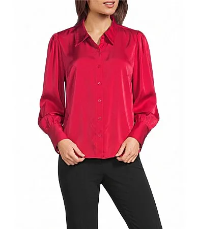 Long Cuffed Sleeve Point Collar Neck Button Down Satin Top