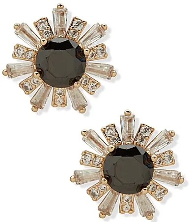 Gold Tone Floral Baguette Stone Button Stud Earrings by Anne Klein