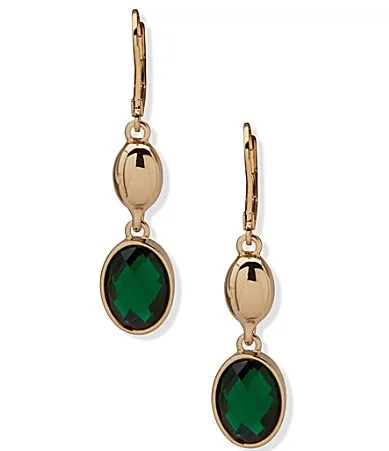 Gold Tone Domed Oval Stone Double Drop Earrings