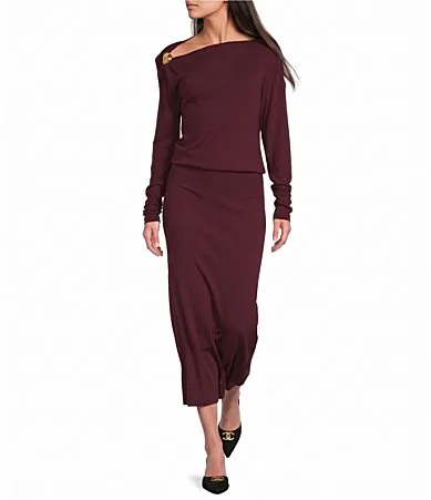 Brushed Knit Asymmetric Neck Long Sleeve Midi Length Sweater Blouson Sheath Dress by Donna Karan