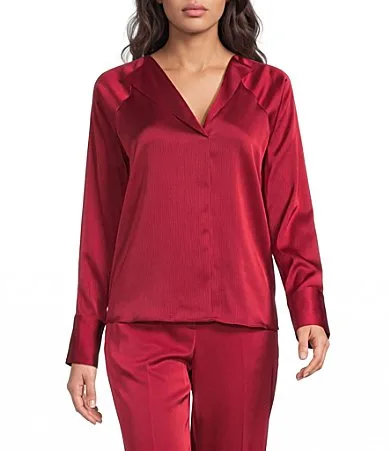 Woven Charmeuse V-Neck Long Sleeve Pullover Coordinating Blouse by Donna Karan