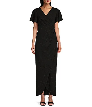 Short Flutter Sleeve V-Neck Glitter Knit Gown