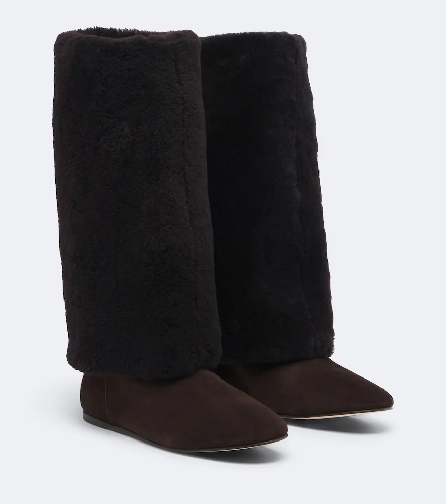 Shearling and Suede Knee-High Boots by Yves Salomon